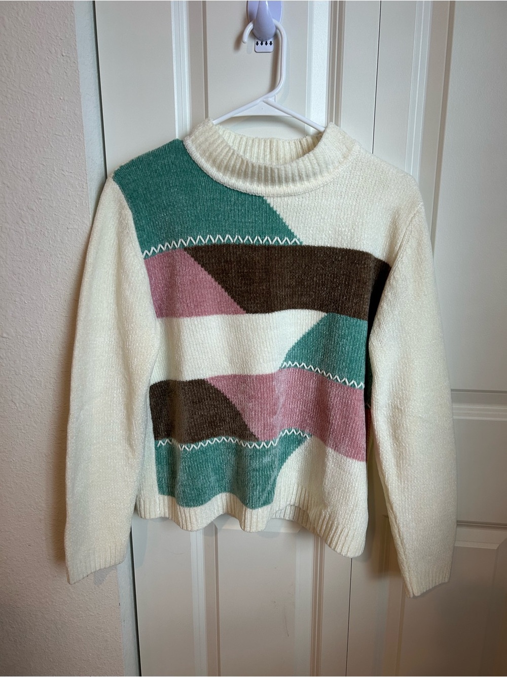 Alfred Dunner Petite Geometric Color Block Knit Sweater Cream Teal Pink Brown